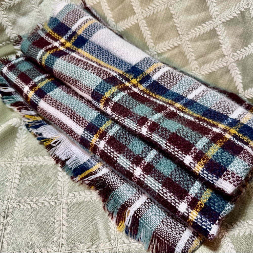 Green, Ivory, and Black Plaid Blanket Scarf